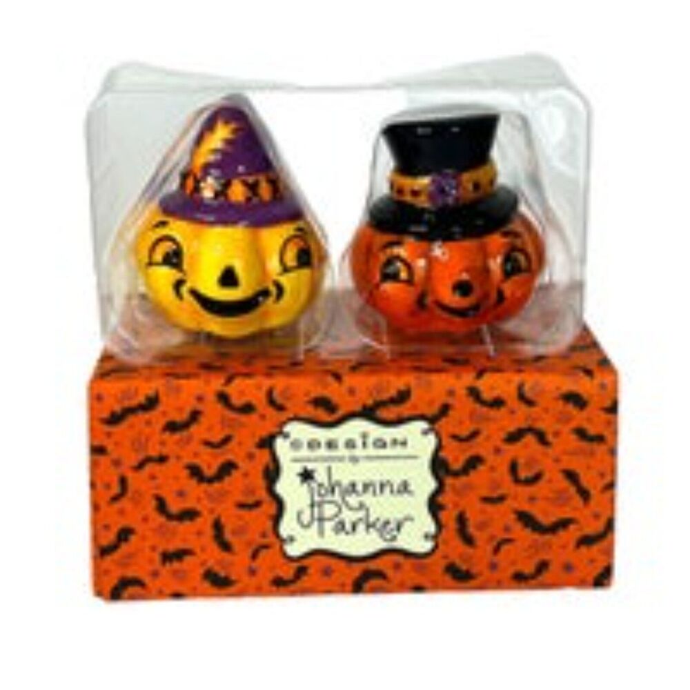 Johanna Parker Jack ‘O Lantern Halloween Salt & Pepper Shakers Tiered Trays NEW